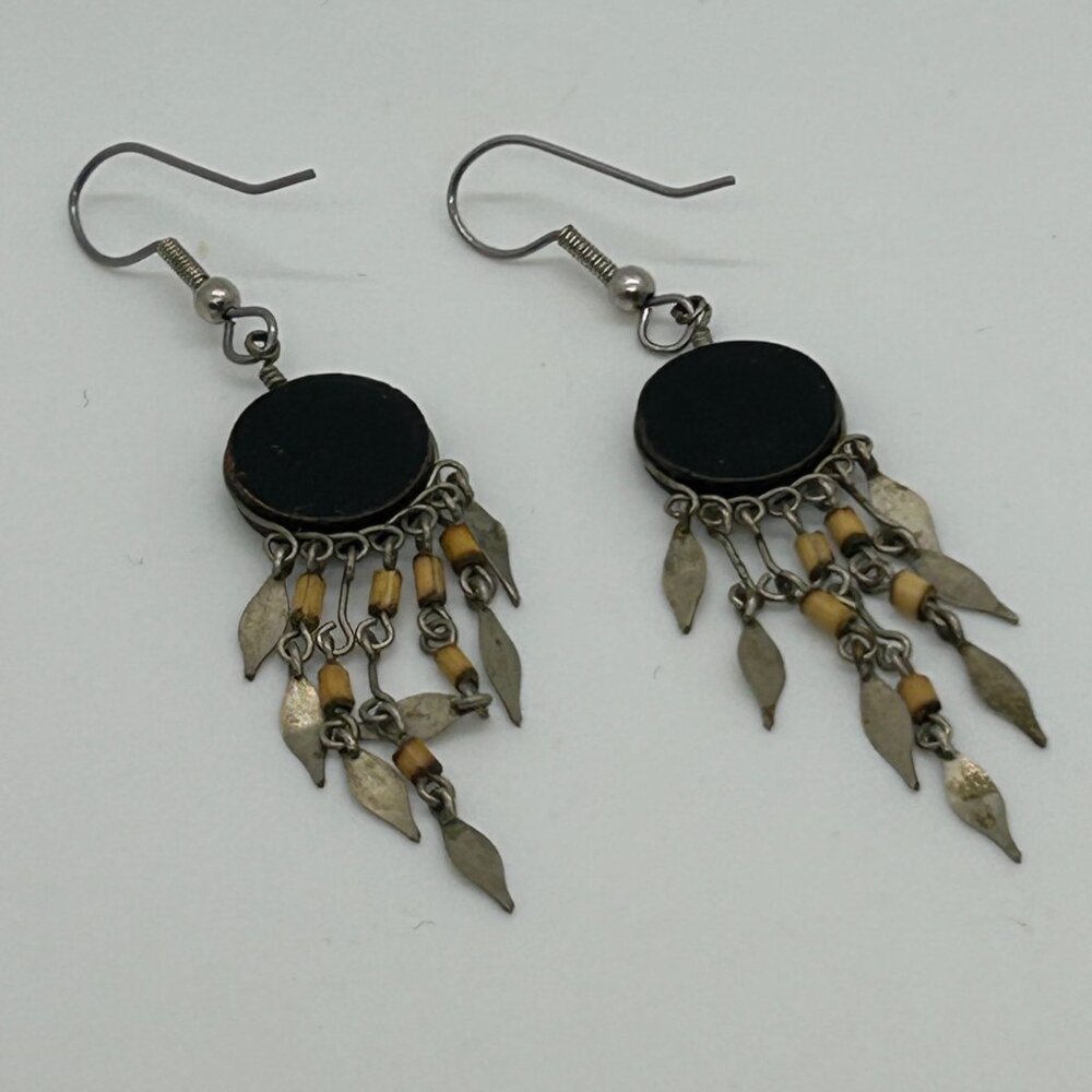 Vintage Southwestern Dangle Earrings Hand Painted Tribal Boho Geometric Fringe - Picture 8 of 13